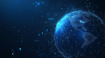 Earth and Magnifying low poly blue. With dark blue background. Low poly wireframe with lines, dots and glowing particles