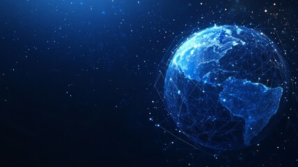 Obraz premium Earth and Magnifying low poly blue. With dark blue background. Low poly wireframe with lines, dots and glowing particles