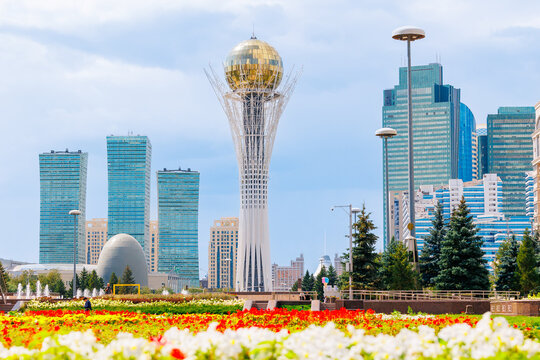 Nur-Sultan, Kazakhstan - July 29, 2024: panorama city Astana center view on Baiterek, summer day