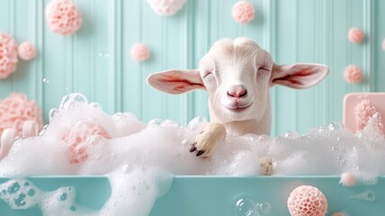 A goat in a whimsical bath with colorful bubbles and playful accessories, set in a luxurious and cheerful bathroom.