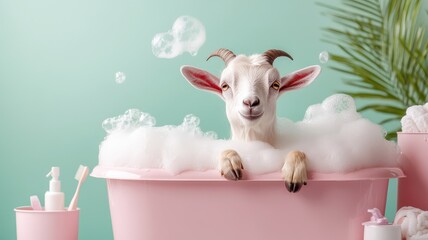 A goat in a whimsical bath with colorful bubbles and playful accessories, set in a luxurious and cheerful bathroom.