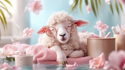 A sheep relaxing in a luxurious spa surrounded by exotic flowers and soothing treatments, epitomizing comfort and pampering.