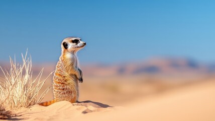 A meerkat standing alert on a desert dune, scanning the horizon with its keen eyes, surrounded by sparse vegetation and a bright sky.