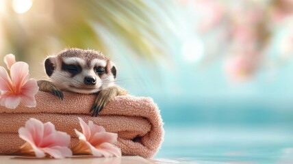 A meerkat relaxing in a luxurious spa with exotic flowers and soothing treatments, epitomizing ultimate relaxation and comfort.