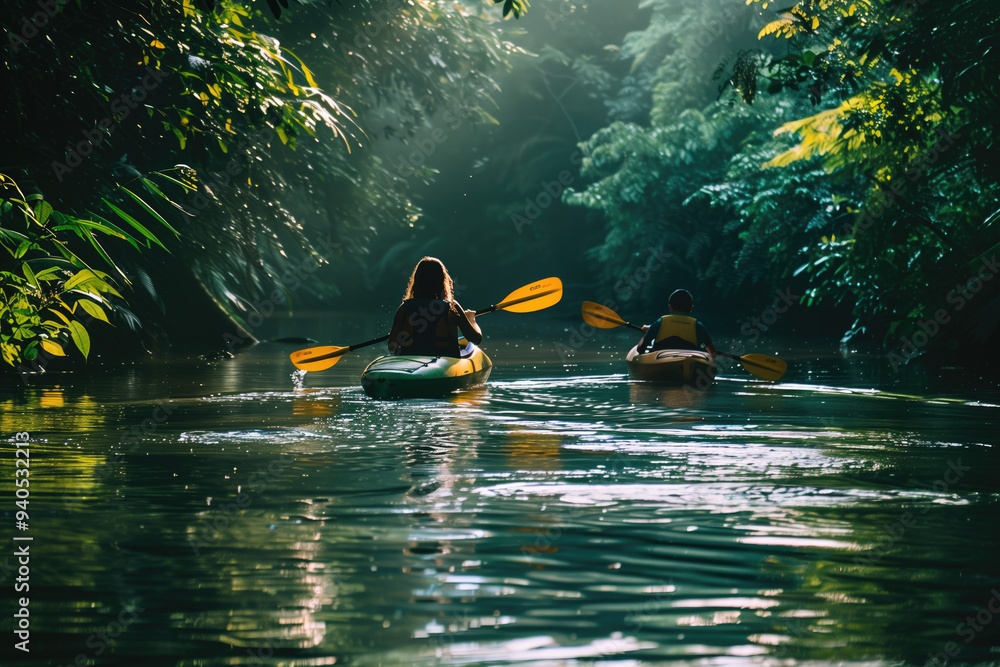 Wall mural two people kayaking and moving through calm river surrounded by dense tropical jungle with sunlight 