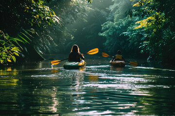 Two people kayaking and moving through calm river surrounded by dense tropical jungle with sunlight filtering through foliage creating serene atmosphere