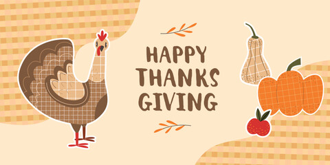 Happy Thanksgiving banner. Turkey, pumpkin, and autumn harvest. Vector flat illustration.
