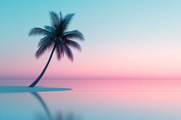 A serene sunset on a tranquil beach with a lone palm tree silhouetted against pastel sky colors, creating a peaceful atmosphere.