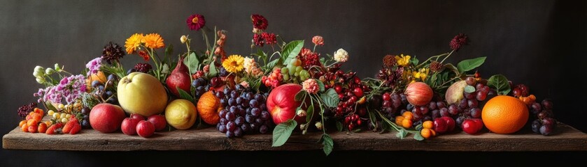 Still Life Arrangement of Fruit, Flowers, and Foliage on Wooden Surface