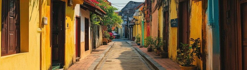 Narrow Alleyway with Colorful Buildings and Lush Greenery