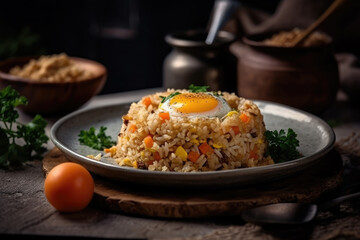 Fried Rice with Vegetables and Aromatic Spices Highlighting Vibrant Colors and Flavors Ideal for Culinary Presentations and Restaurant Menus