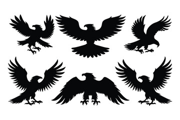 Eagle bird Black silhouette isolated flat vector illustration set on white background