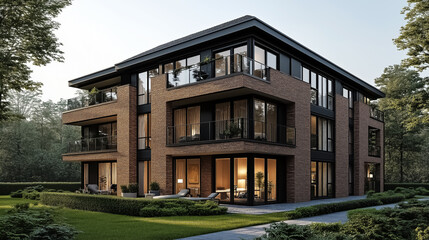 A modern residential apartment building featuring large windows and landscaped surroundings, perfect for real estate marketing or home design inspiration.