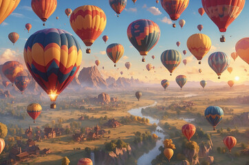Naklejka premium epic landscape during sunset full of hot air balloons 