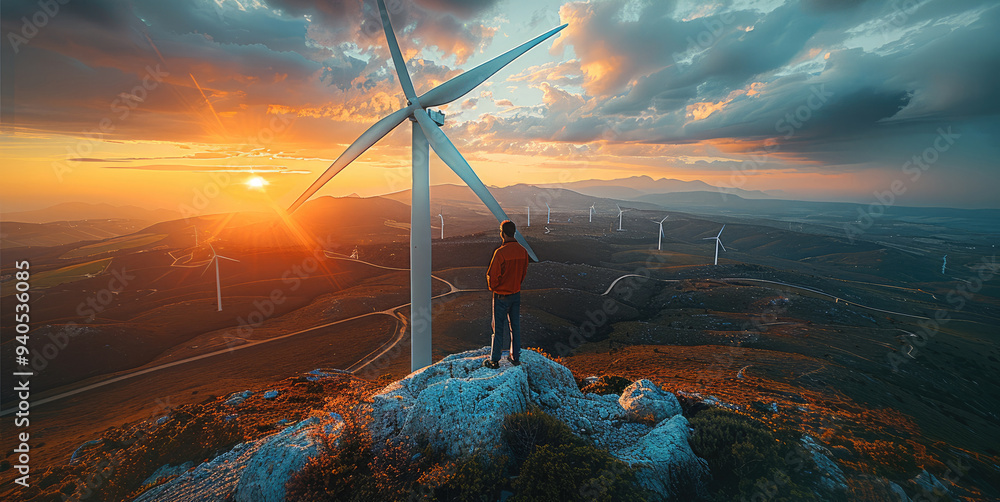 Aufkleber an engineer stands on top of a windmill and looks at a beautiful sunset landscape. taken from an ele