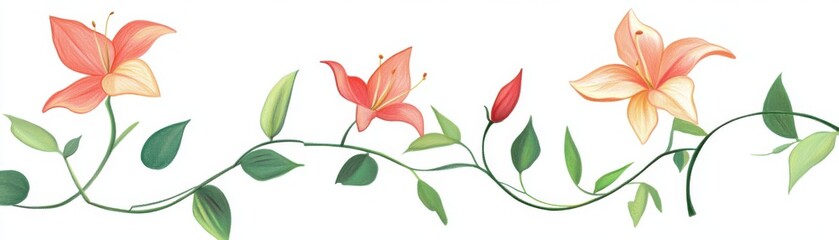 Flowering vines flat design, side view, trailing plants theme, cartoon drawing, colored pastel