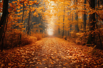 Fototapeta premium Serene autumn forest path covered with fallen leaves, surrounded by vivid orange and yellow foliage creating a picturesque scene. Mist lingering in the background enhances tranquility