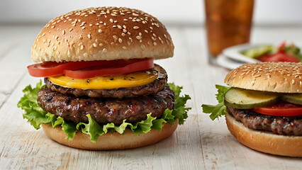 Hamburger on a wooden table with cola
