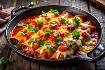 Vibrant colors exploding from a sizzling hot skillet filled with tender beef enchiladas, melty cheese, and fresh cilantro, against a dark rustic background, warm mood.