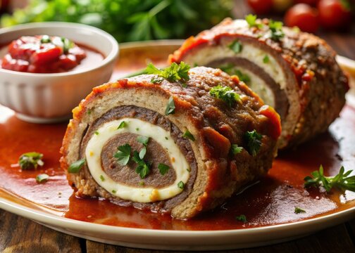 Close-up of a beef braciole slice, showcasing the tender beef, crispy prosciutto, and melted mozzarella, with a sprinkle of parsley and a side of marinara