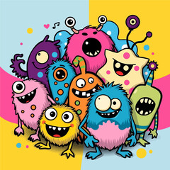 Naklejka premium Colorful cartoon monsters with big eyes and smiles, ready to hug and play