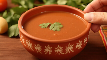 Tomato Soup in a Rustic Bowl with Cilantro Garnish