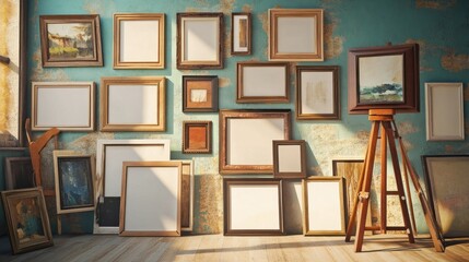 Empty Picture Frames on a Wall with a Wooden Easel