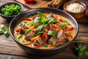 Thai beef curry with tender chunks of beef and crisp vegetables in a rich coconut milk sauce, garnished with fresh Thai basil and crispy shallots.