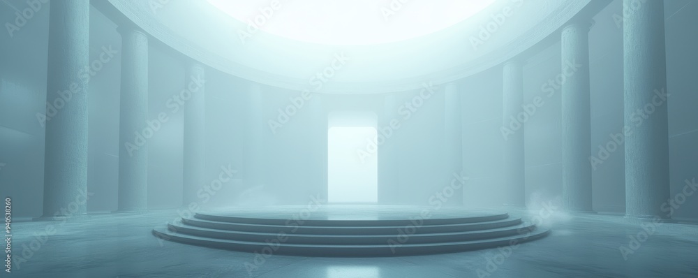 Poster mystical light through ancient columns in serene marble hallway setting
