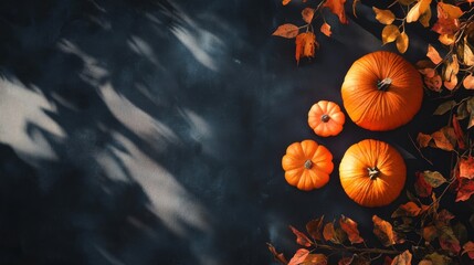 Orange Pumpkins and Autumn Leaves on a Dark Background with Dramatic Lighting
