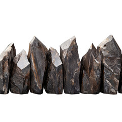 A row of sharp, dark rock formations showcasing natural texture and unique shapes, perfect for nature and landscape photography. Isolated on transparent background.