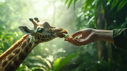 Hand feeding giraffe in lush jungle environment representing wildlife interaction and conservation efforts