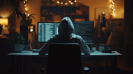 Hacker in Hoodie Coding During Cyber Attack at Night - Cinematic Photography