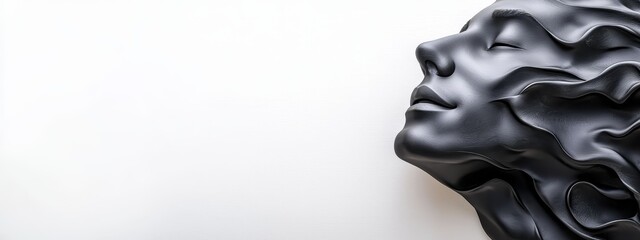  A sculpture of a woman's head against a white wall, with no additional white walls visible in the background