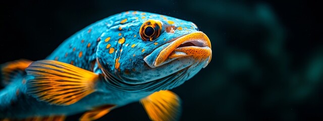Fototapeta premium A tight shot of a blue-yellow fish against a pitch-black backdrop, its visage adorned with vibrant yellow speckles
