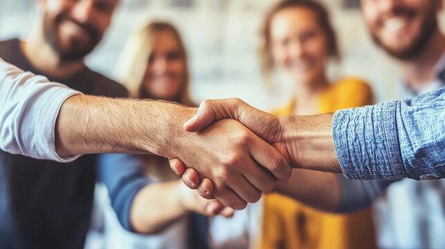 Group, business people and shaking hands for welcome, introduction or meeting in office. Handshake, smile and team with deal fo