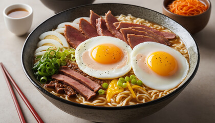 A ramen bowl with eggs and meat with green onion topping