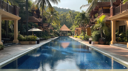 Fototapeta premium The hotel with Thai architecture, offers expansive views of the pool area with lush tropical gardens and blue swimming pool. a large outdoor pool surrounded by greenery and palm trees. Generative AI.