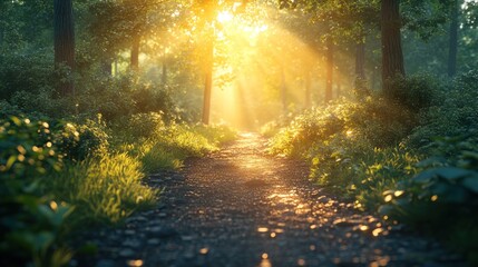 Obraz premium Sunlight Filtering Through the Trees on a Forest Path