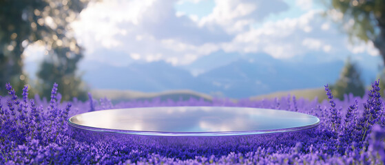 A serene lavender field with a reflective surface, set against a picturesque mountain backdrop...