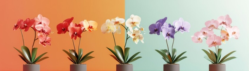 Fototapeta premium Orchid collection flat design, front view, diverse and colorful blooms theme, 3D render, Splitcomplementary color scheme