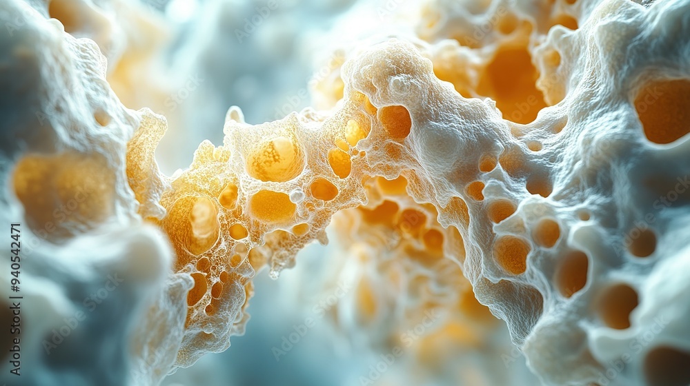 Poster close-up of a porous, white and yellow object with a honeycomb-like structure
