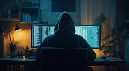 Hacker in Hoodie Coding During Cyber Attack at Night - Cinematic Photography