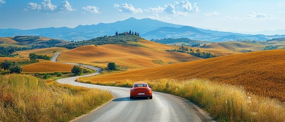 In this realistic, high-quality photo, a car is seen from behind as it travels along a scenic road that winds through rolling hills and farmland. The golden hues of the fields and the clear blue sky