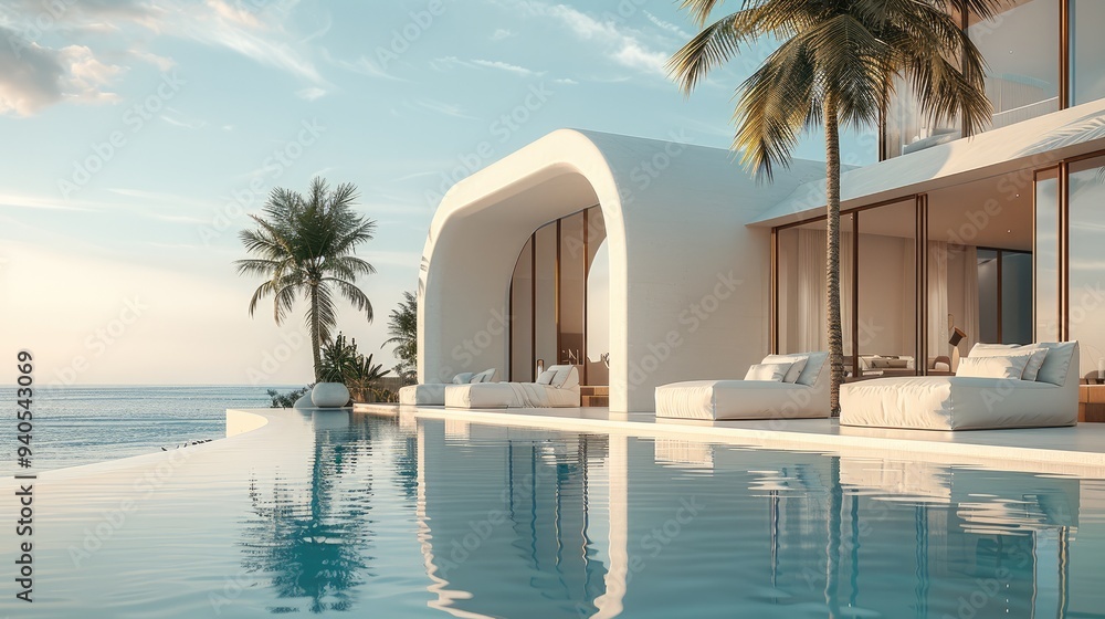 Leinwandbilder palm trees and minimalist architecture by the pool, white lounge chair sofa. generative ai.