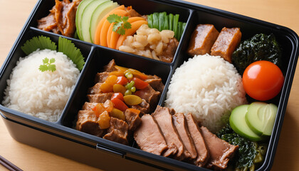 A large bento box with meat and salad