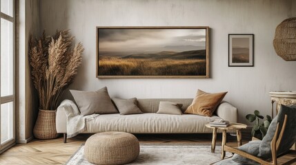 A Cozy Living Room with a Framed Landscape and a Comfortable Couch