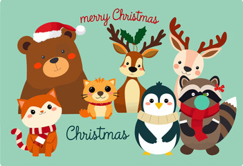 Naklejka premium Merry Christmas: A Festive Gathering of Animals
