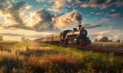 Obraz premium Vintage steam train with ancient locomotive and old carriages runs on the tracks in the countryside. 