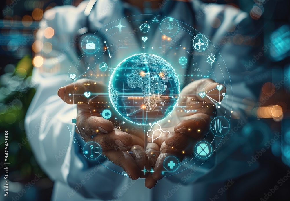 Poster a digital futuristic and technological approach to global healthcare. doctor holding a holographic g